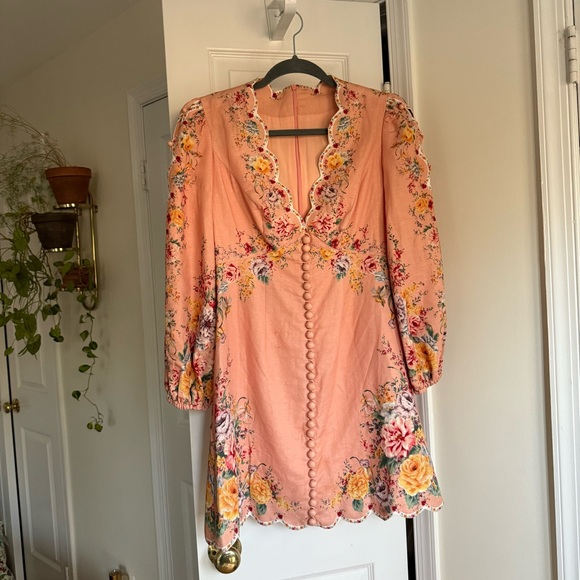 Zimmermann Dresses & Skirts - Zimmermann Zinnia Scallop Mini Dress Pink Floral Long Sleeve